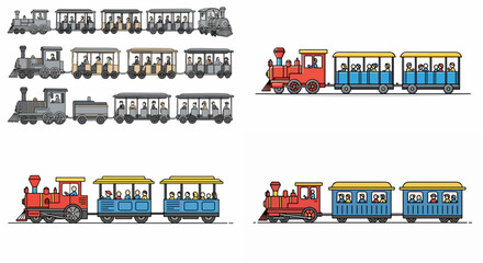 Colorful toy trains with passenger cars