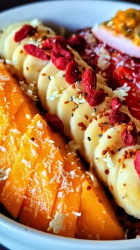 Vertical orbit around fresh cut fruit platter of tropical mango, banana, passionfruit, and strawberries in bowl
