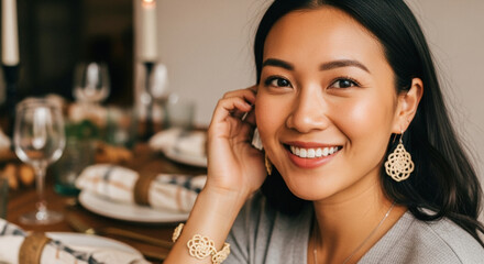 Smiling Asian woman looking at camera, posing near a festive table setting, conveying warmth and hospitality.