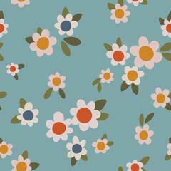 Seamless floral pattern, simple liberty ditsy print in retro motif. Cute baby botanical design of small hand-drawn flowers, tiny daisy buds, leaves in abstract on blue background. Vector illustration