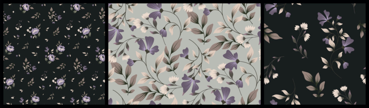 Seamless floral pattern, vintage ditsy print of hand drawn winter wild plants in dark colors. Elegant abstract botanical design of large buds, small flowers, thin twigs, leaves. Vector illustration.