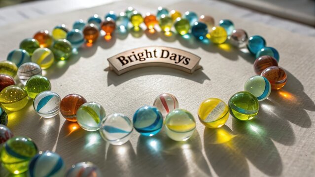 Overhead composition of glass marbles labeled Bright Days