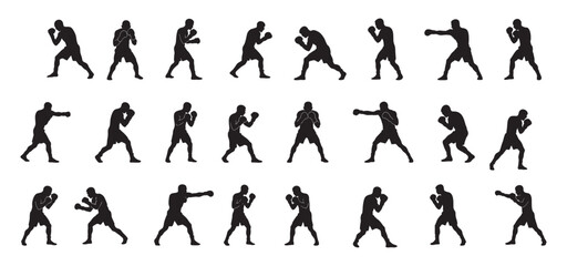 Collection of black silhouette male boxers in various poses isolated on white background, graphic illustration. concept of sport, martial arts, training, athletic figure, exercise, icon set