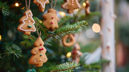 Christmas tree with gingerbread cookies shaped like trees and stars hanging on green branches with blurred lights in background.