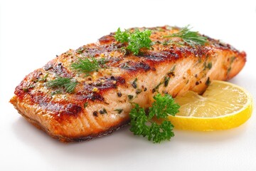 Grilled salmon fillet, seasoned and garnished