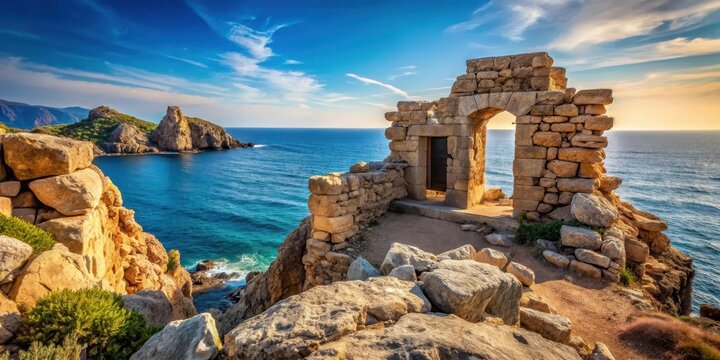 Ancient stone structure with unique rock formations and Mediterranean sea views