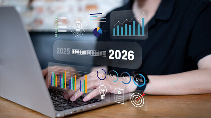 2026 new year fresh start businessman looking forward to new challenge in business growth future objective goal target performance direction opportunity strategy success management planning financial