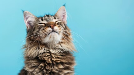A fluffy Maine Coon cat with a thick coat and tufted ears sits against a blue background. The cat has a relaxed expression and is looking upwards.