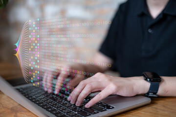 Software engineering working on big data digital information innovation technology analysis network system cyberspace binary code flow futuristic statistic business design concept