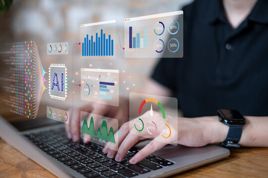 Professional software engineer using ai artificial intelligence innovation in data analysis and making new algorithm model based on statistic database information system for research technology graph