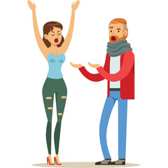 Frustrated Woman With Arms Raised And Man Gesturing With Open Hands In A Confrontational Pose On Transparent Background