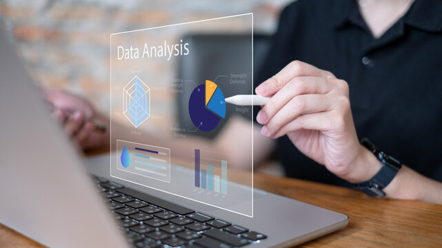 Professional businessman using data analysis information visualization dashboard laptop expert overview document development performance strategy improve business corporate outcome economic evaluation