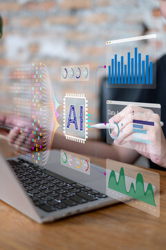Person using laptop ai artificial intelligence in big data information graph analysis database algorithm innovation software statistic complexity research visualization model prediction technology