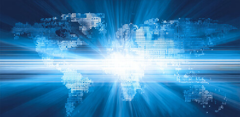Global network digital world blue background abstract map shine with futuristic glow