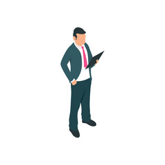 Obraz premium Full Body Isometric View of a Businessman in a Teal Suit and Pink Tie Holding a Tablet on a Transparent Background