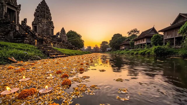Ancient temple and floating candles evening landscape golden hour