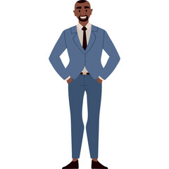 Full Body Pixel Art of a Smiling Man Wearing a Blue Suit and Tie With Hands on Hips on a Transparent Background