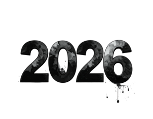 Year 2026. Dark, textured, grayscale future date event