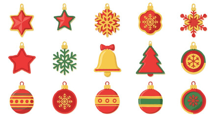 Set of Sixteen Colorful Christmas Ornaments – Holiday Icons on Transparent Background