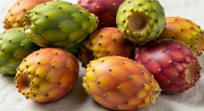 Vibrant prickly pear fruit with varied colors and textures
