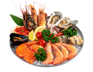 Seafood platter atop crushed ice; colorful and fresh