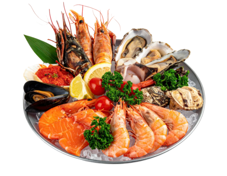 Seafood platter atop crushed ice; colorful and fresh