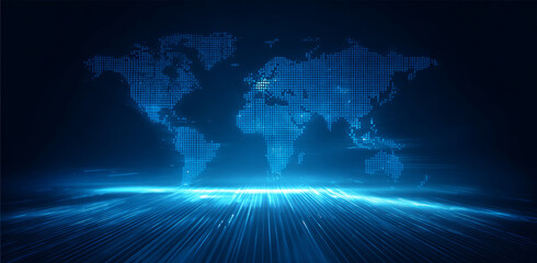 Digital world blue abstract technology map glow pulses across global network horizon
