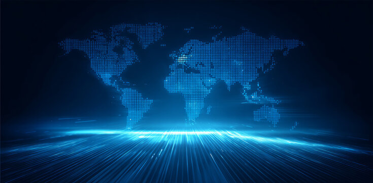 Digital world blue abstract technology map glow pulses across global network horizon - Powered by Adobe