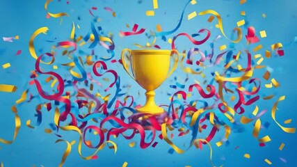 Golden trophy shines amid streamers and ribbons and confetti, against a bright blue-bold background!