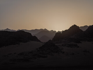 rocky mountains and desert landscape and sunset sky in Egypt