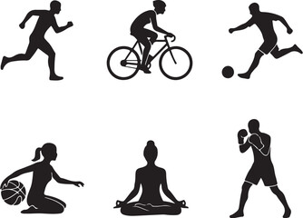 Vector silhouette of sport activities — running, cycling, football, basketball, yoga, boxing, white background