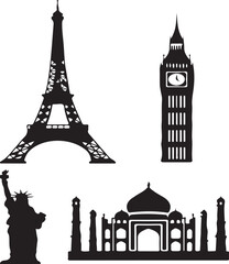 Obraz premium vector silhouette of world landmarks — Eiffel Tower, Big Ben, Statue of Liberty, Taj Mahal, white background
