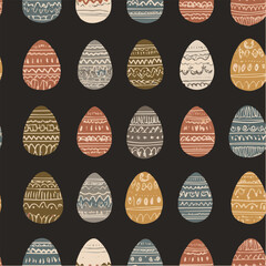 Seamless pattern,Easter eggs with doodle decorations, folk art style, hand-drawn vector illustration