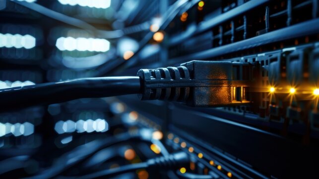 Close-up of network cables connected to a server with glowing lights. The scene illustrates technology and data communication. - Powered by Adobe