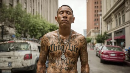 Gang man with tattoos standing