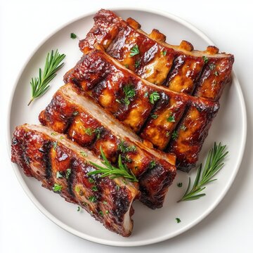 Platter of glazed barbecue pork ribs garnished with fresh rosemary and chopped parsley presented on a white plate