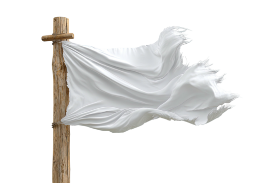 Torn white flag waving on a weathered wooden pole