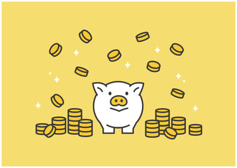 貯金箱とコインが並ぶ黄色背景のマネーイメージ（貯蓄・節約・金運アップを表すイラスト）