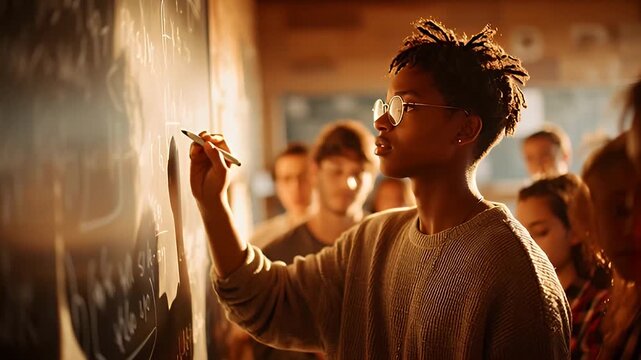 Focused Black student writing complex equation on classroom blackboard
