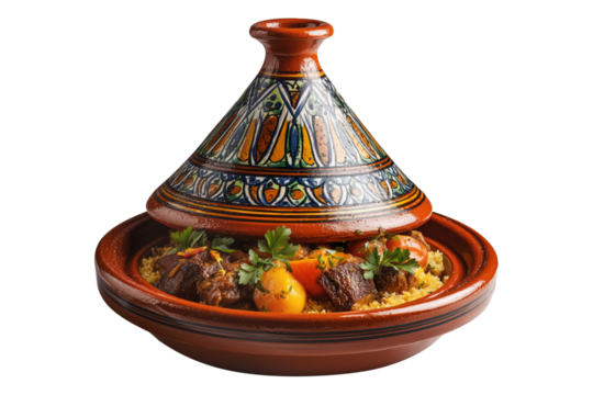Moroccan Tagine Maghreb bowl with meat and vegetable in traditional clay pot, isolated on white transparent background. Concept of ethnic Arabic cuisine dish - Powered by Adobe