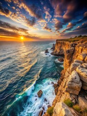 Dramatic ocean view from a rugged rocky cliff at sunset