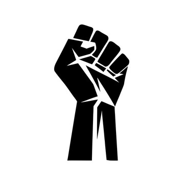 Vector icon of a black silhouette of a hand with a raised fist, isolated on a transparent background, symbol of protest, fight for rights.