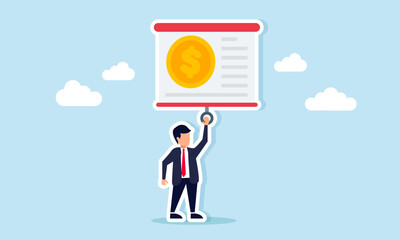 Businessman pulling a projector screen displaying a dollar coin illustration of explaining company financial management