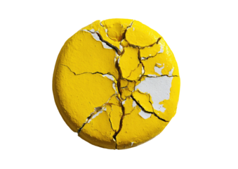Cracked yellow disc, flaky paint reveals white underneath