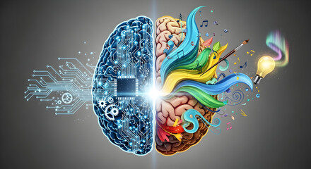 Creative representation of a human brain divided into two halves symbolizing analytical and creative thinking 17160238 1