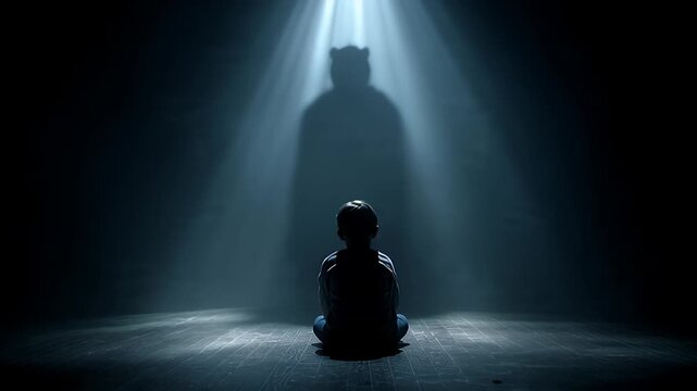 Child facing shadow monster bullying drawing concept. 4K Video