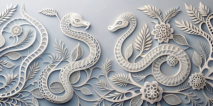 Intricately designed paper cutouts of snake motifs