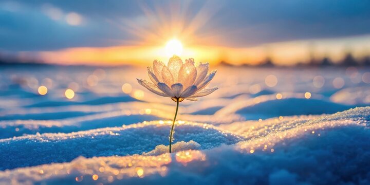 A rare glowing ice flower blooms in a snowy landscape under the soft light of dawn