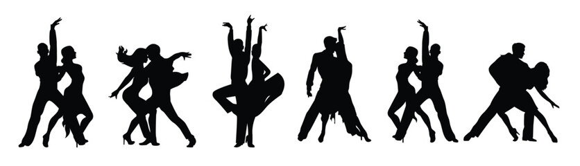 Couple of ballroom dancers set. Woman and man dancing. Vector silhouettes of dancers. Isolated illustration.