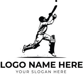 Cricket player logo vector in dynamic batting pose with gear for sports branding, team identity, or athletic merchandise